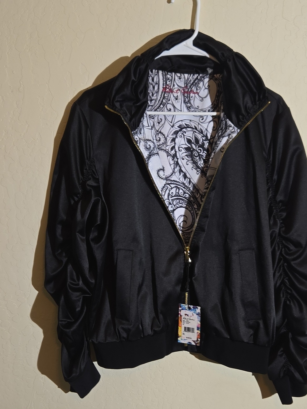 Robert Graham Black Satin Bomber Jacket with Printed Lining
